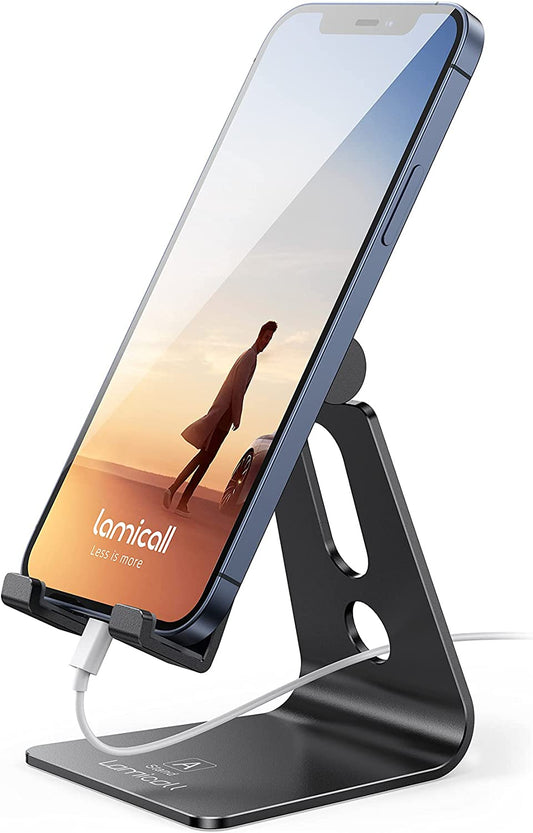 Adjustable Cell Phone Stand, Desk Phone Holder, Cradle, Dock, Compatible with Iphone 17 16 15 14 Air plus Pro Pro Max 13 12 X XS, 4-8" Phones, Office Accessories Gifts, All Smartphone, Black